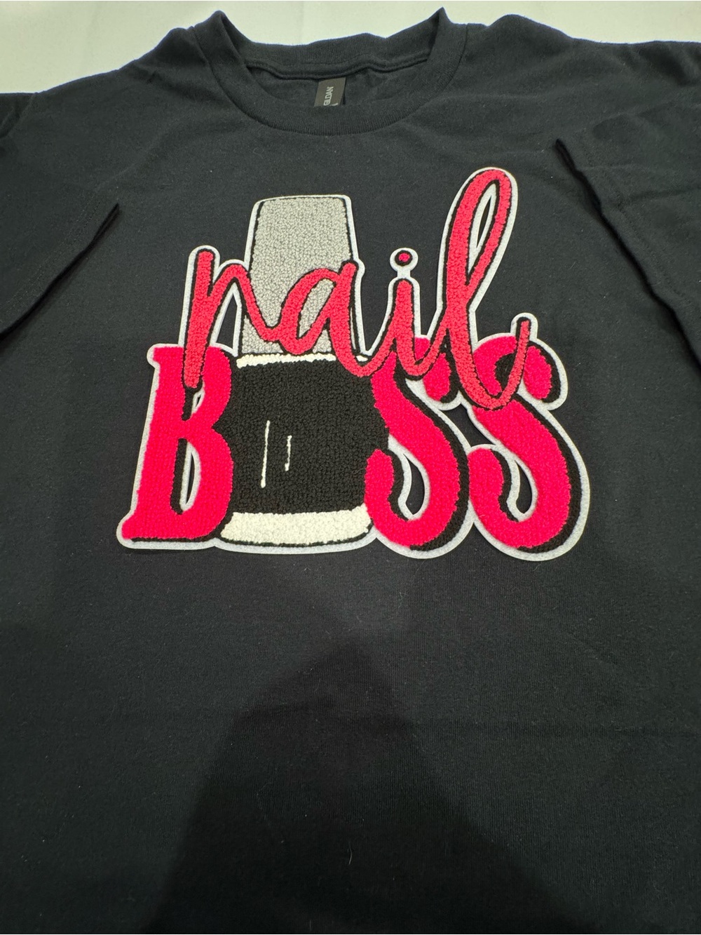 Nail Boss Graphic Tee - Black with Pink & White Applique